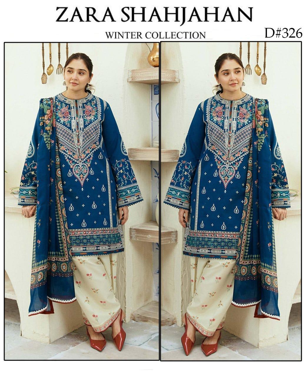 Elegant Blue Embroidered Suit - 3 Pcs with Digital Print Dupatta