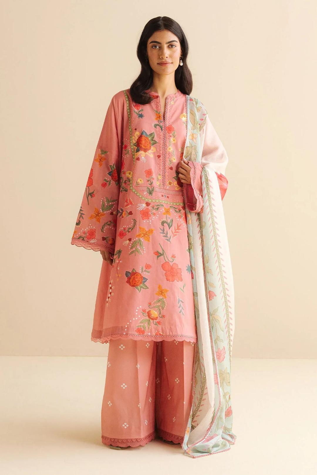 3 Pcs Women's Unstitched Printed Suit Pink color