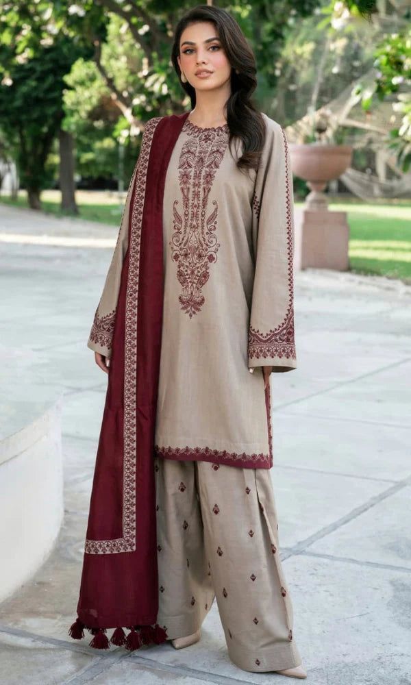 3 Pcs Women's Unstitched Embroidered dhanak Suit