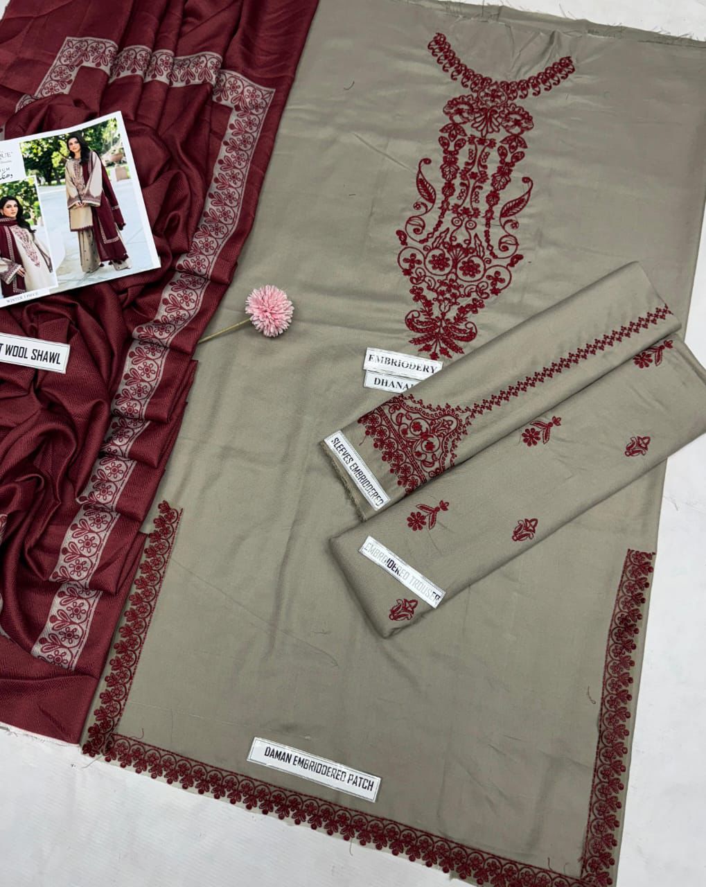 3 Pcs Women's Unstitched Embroidered dhanak Suit