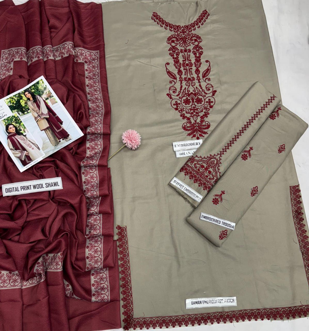 3 Pcs Women's Unstitched Embroidered dhanak Suit