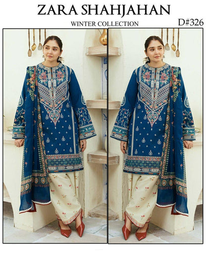 Elegant Blue Embroidered Suit - 3 Pcs with Digital Print Dupatta