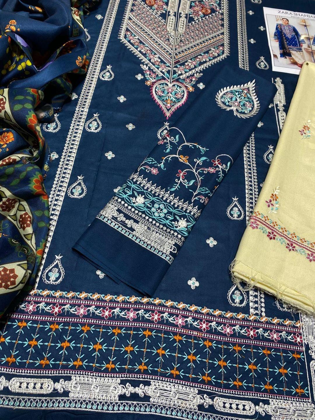 Elegant Blue Embroidered Suit - 3 Pcs with Digital Print Dupatta