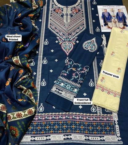 Elegant Blue Embroidered Suit - 3 Pcs with Digital Print Dupatta