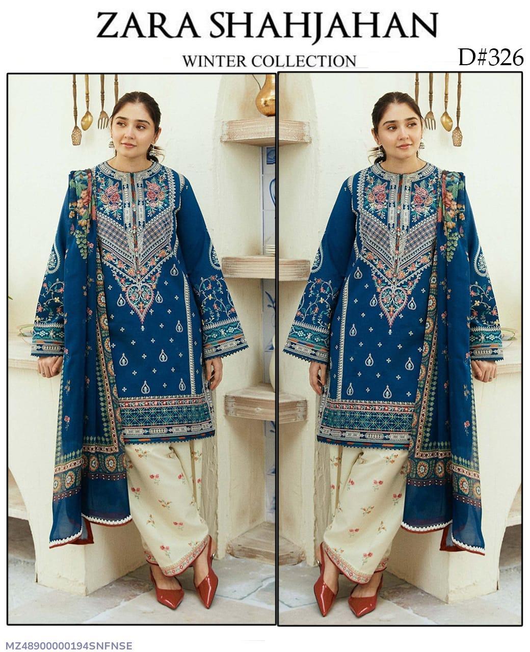 Elegant Blue Embroidered Suit - 3 Pcs with Digital Print Dupatta