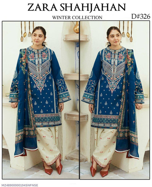 Elegant Blue Embroidered Suit - 3 Pcs with Digital Print Dupatta