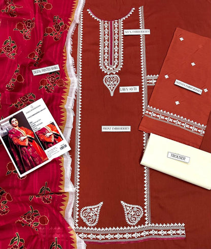 3 Pc's Women's Unstitched Embroidered Suit