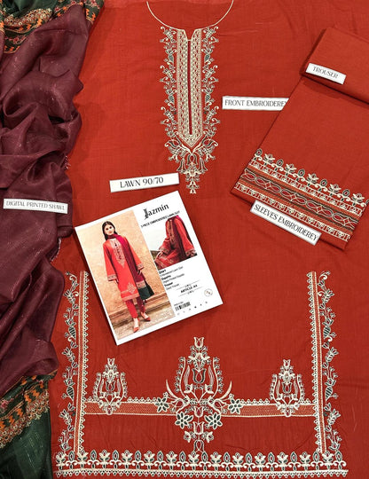 3 Pcs Women's Unstitched Embroidered Suit-3pcs