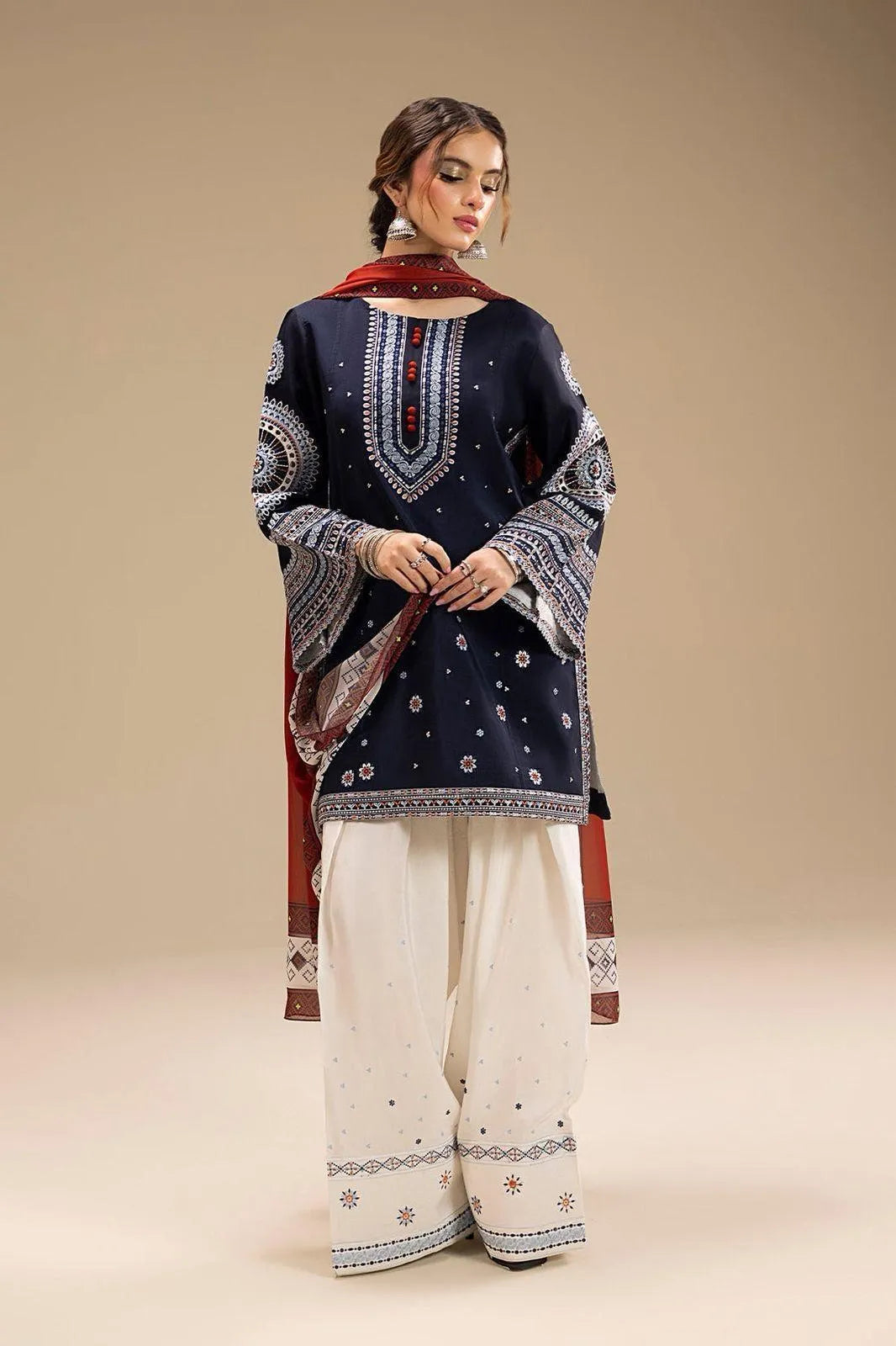 3 Pcs Women's Unstitched Embroidered Suit blue and red