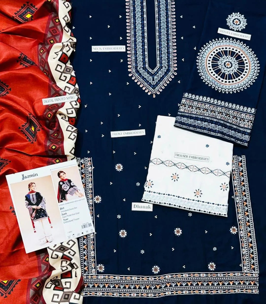 3 Pcs Women's Unstitched Embroidered Suit blue and red