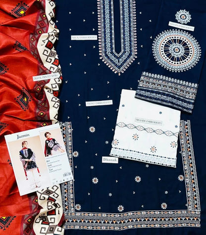 3 Pcs Women's Unstitched Embroidered Suit blue and red