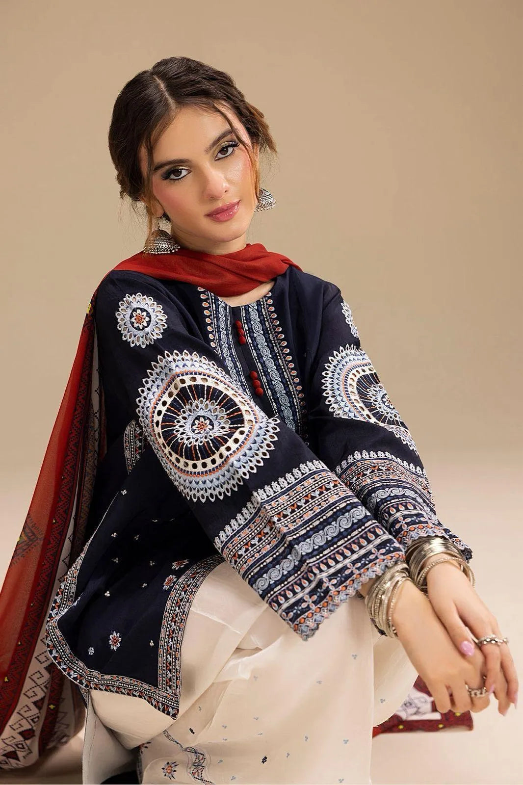 3 Pcs Women's Unstitched Embroidered Suit blue and red