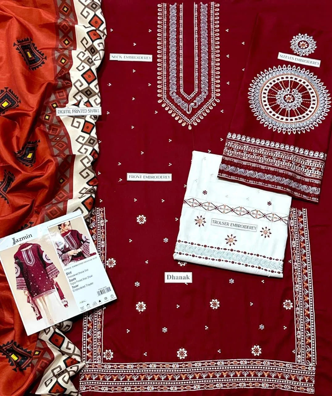 3 Pcs Women's Unstitched Embroidered Suit blue and red