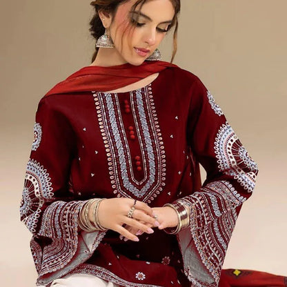3 Pcs Women's Unstitched Embroidered Suit blue and red
