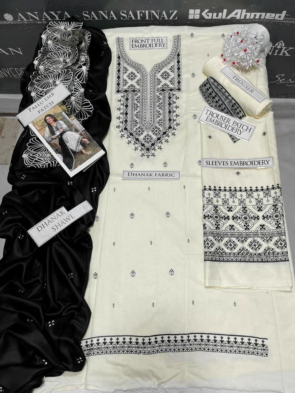 3 Pcs Women's Unstitched Embroidered Suit white and black