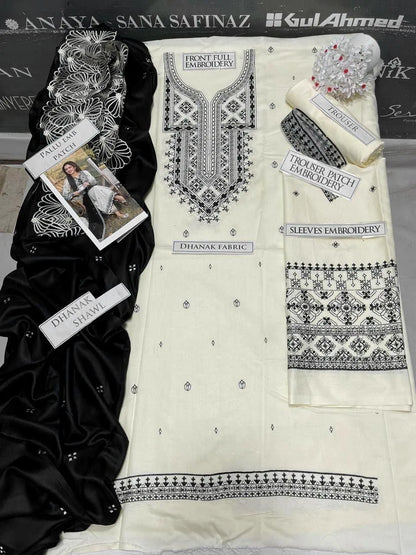 3 Pcs Women's Unstitched Embroidered Suit white and black