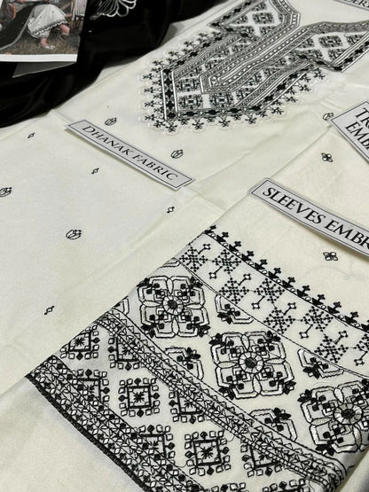 3 Pcs Women's Unstitched Embroidered Suit white and black