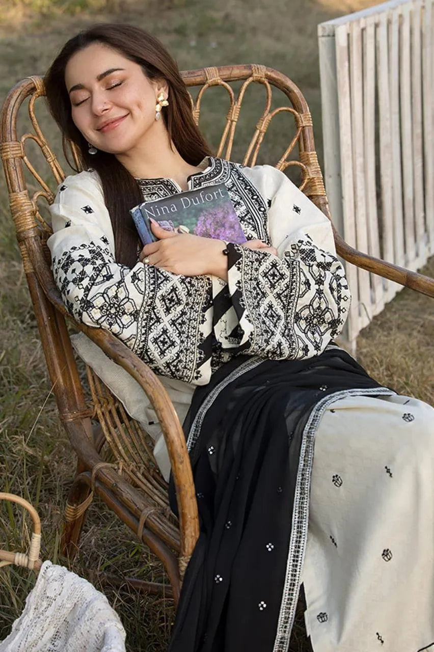 3 Pcs Women's Unstitched Embroidered Suit white and black