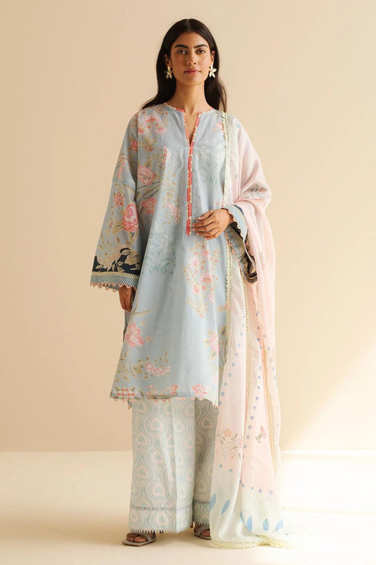3 Pcs Women's Unstitched Printed Suit light blue