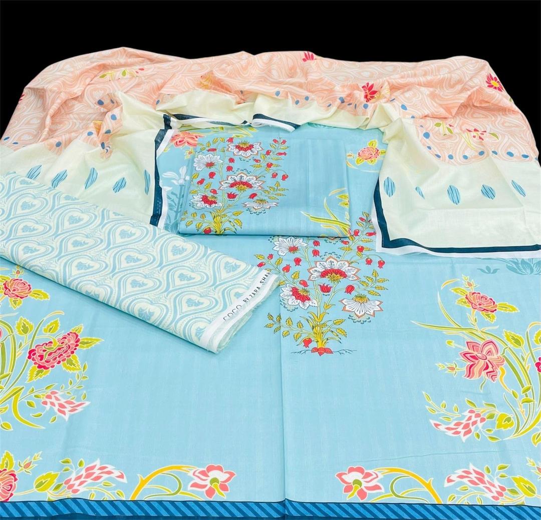 3 Pcs Women's Unstitched Printed Suit light blue