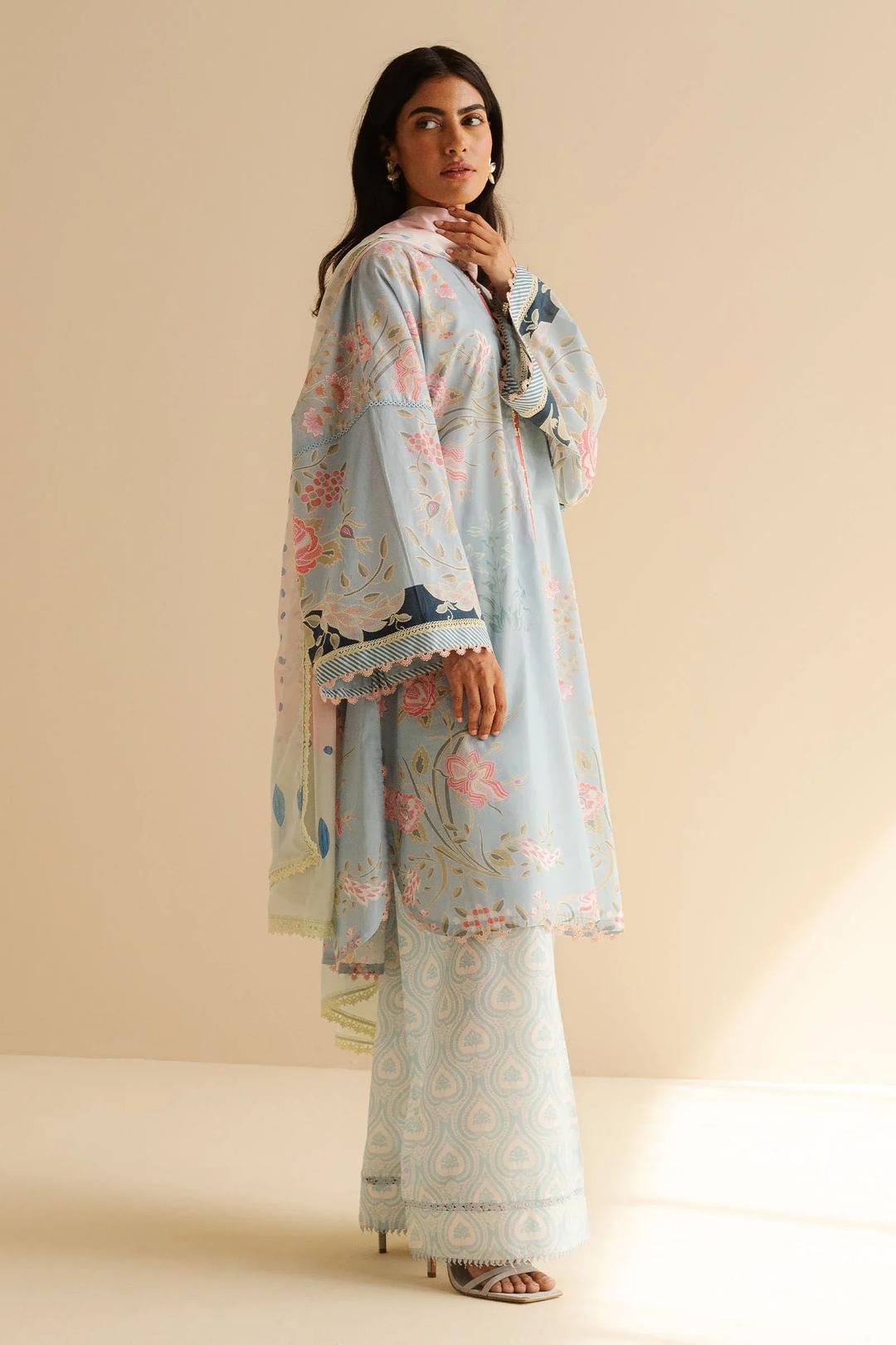 3 Pcs Women's Unstitched Printed Suit light blue