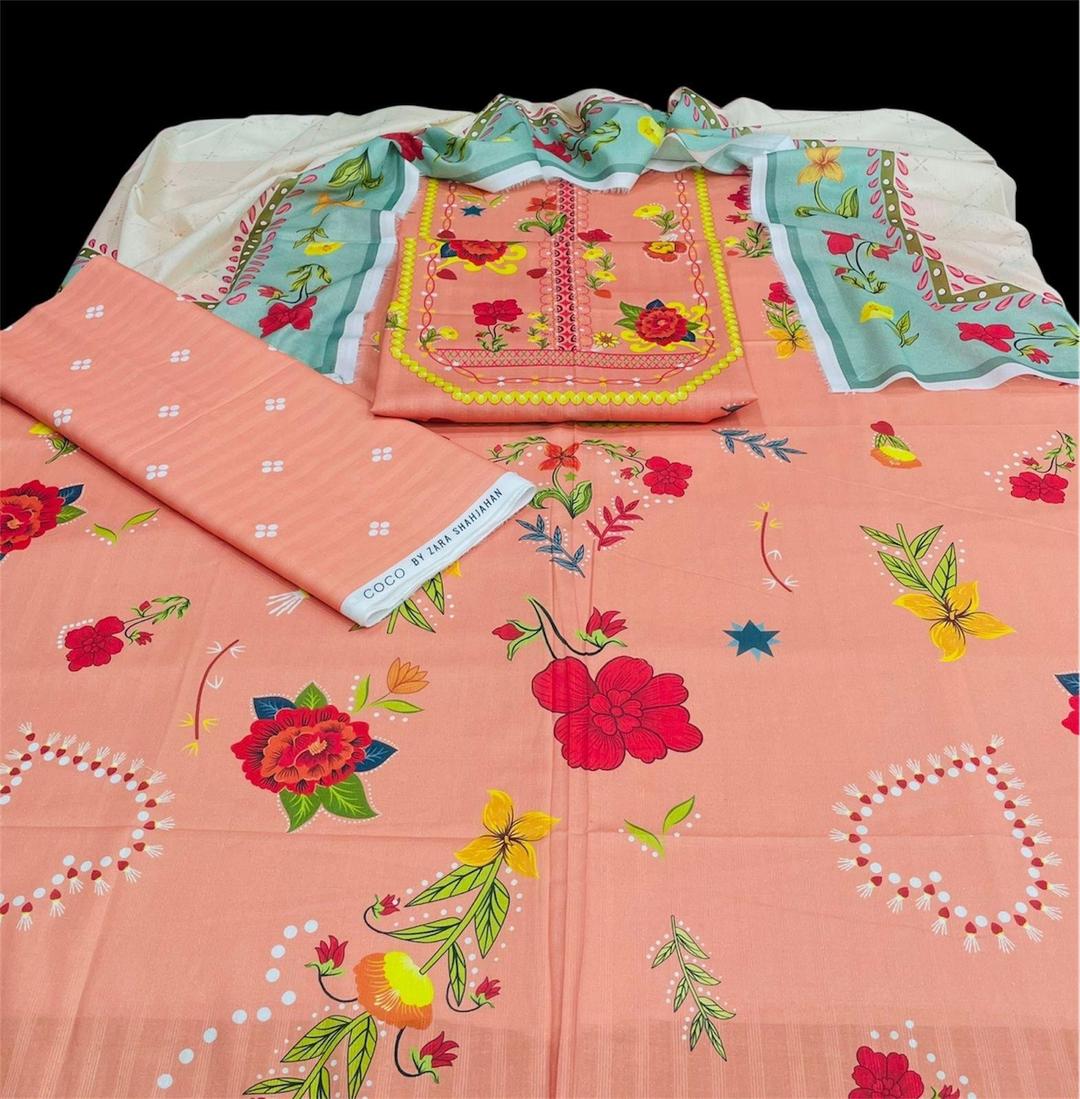 3 Pcs Women's Unstitched Printed Suit Pink color