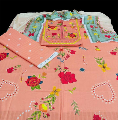 3 Pcs Women's Unstitched Printed Suit Pink color