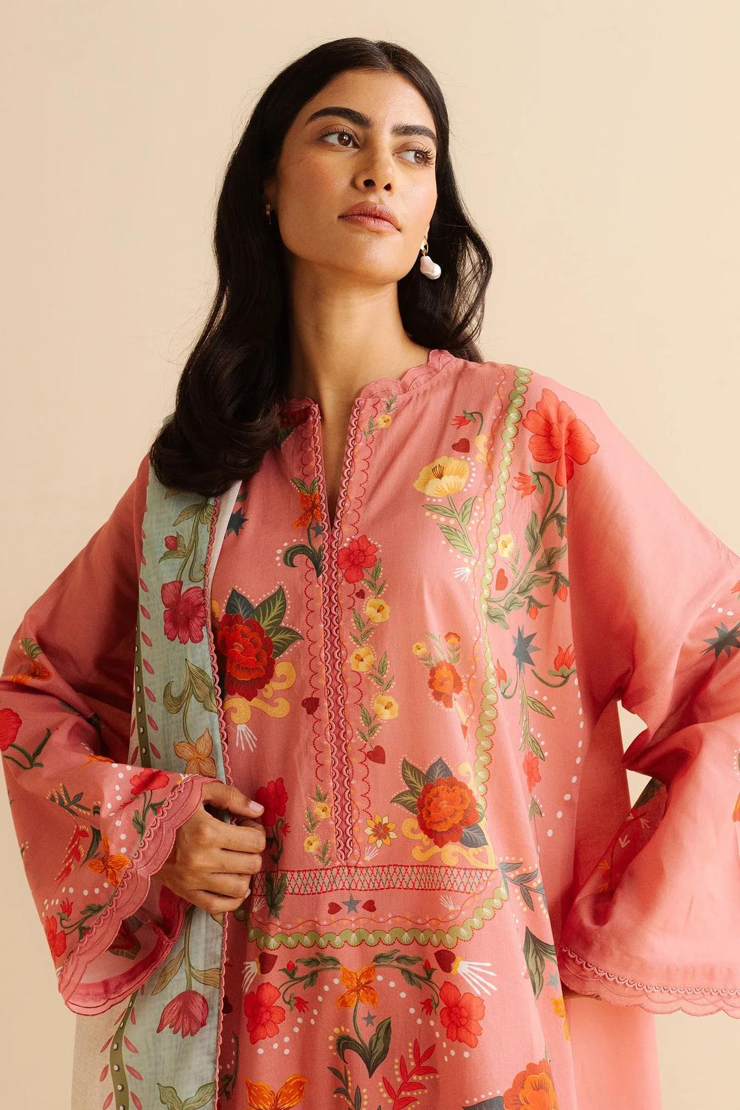 3 Pcs Women's Unstitched Printed Suit Pink color