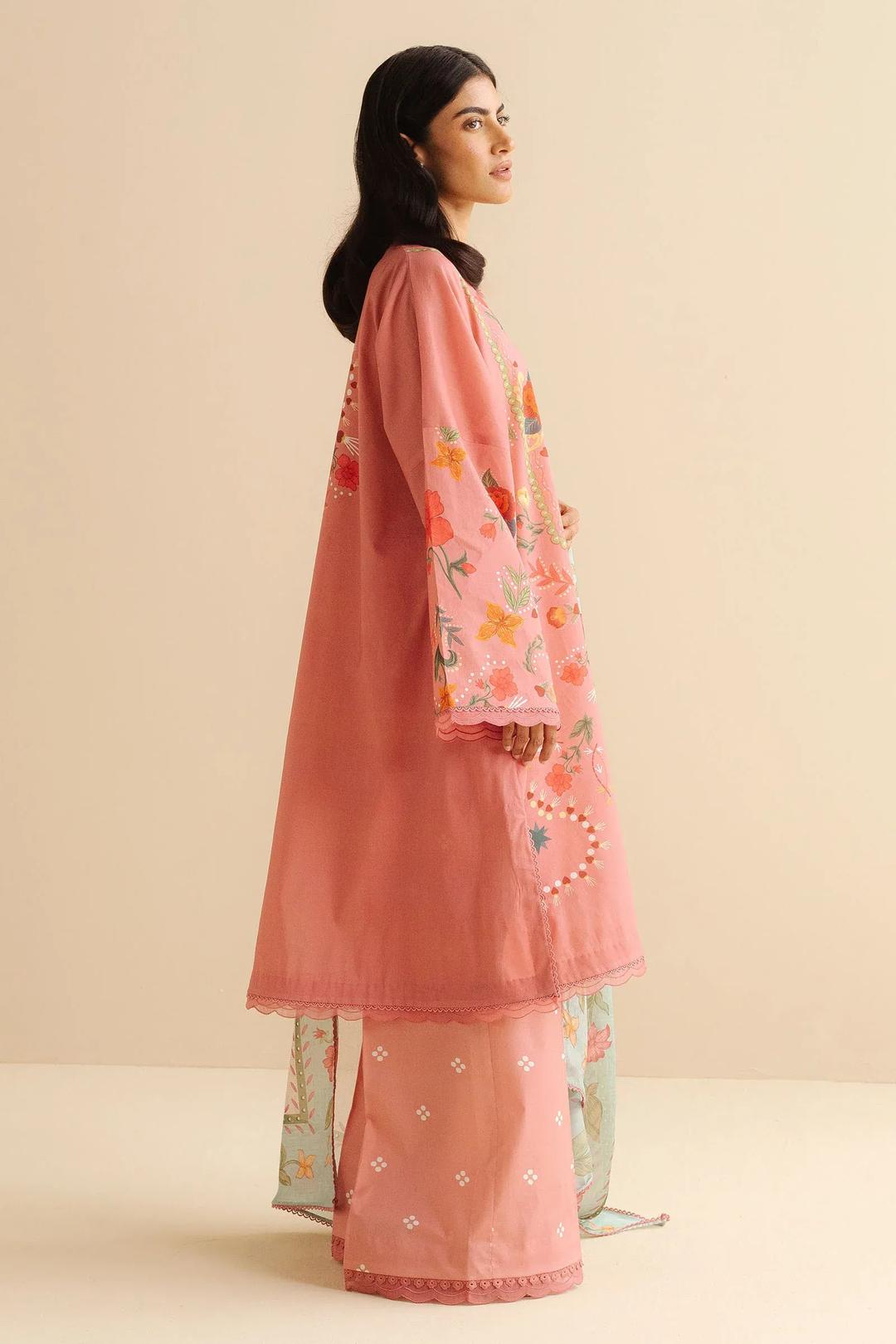 3 Pcs Women's Unstitched Printed Suit Pink color