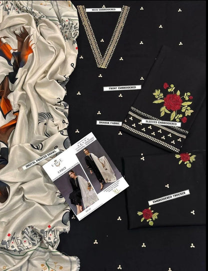 3 Pcs Women's Unstitched Embroidered Suit