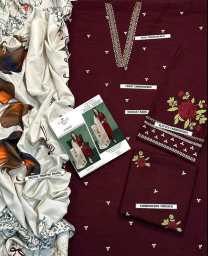 3 Pcs Women's Unstitched Embroidered Suit