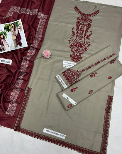 3 Pcs Women's Unstitched Embroidered dhanak Suit