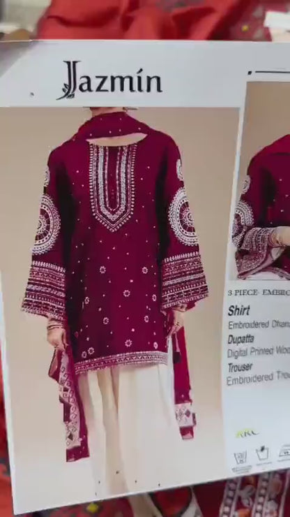 3 Pcs Women's Unstitched Embroidered Suit blue and red