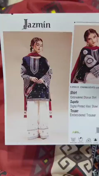 3 Pcs Women's Unstitched Embroidered Suit blue and red